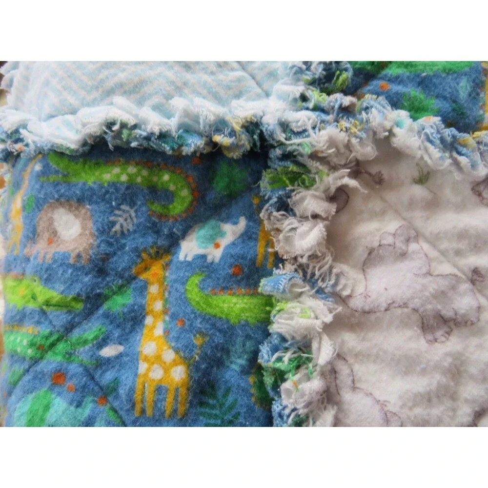 Flannel Rag Quilt With Batting 43 x 43,  Elephants, Zebras, and Jungle Animals